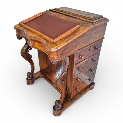 Antique Victorian burr walnut davenport writing desk with lift-up writing surface