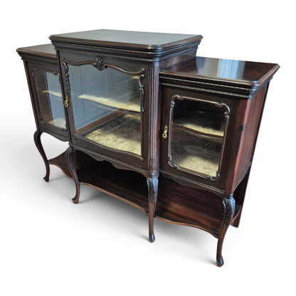 Late Victorian serpentine-front glazed bookcase cabinet with cabriole legs