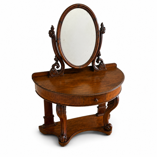 Antique Victorian mahogany Duchess dressing table with demi-lune top, central drawer, carved scrolling supports and large oval adjustable mirror.