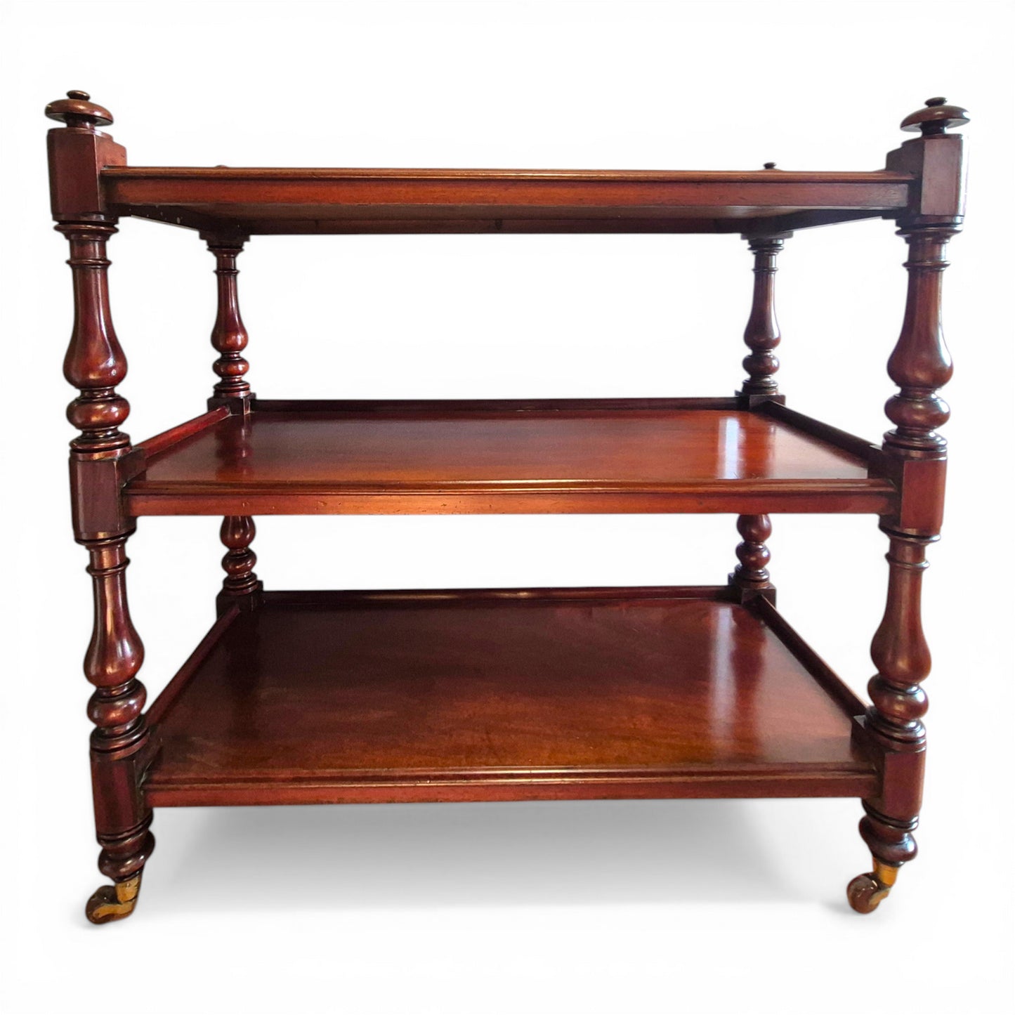 Antique Victorian Mahogany Dumb Waiter c1860 | 3 Tier Server Trolley with Brass & Porcelain Castors