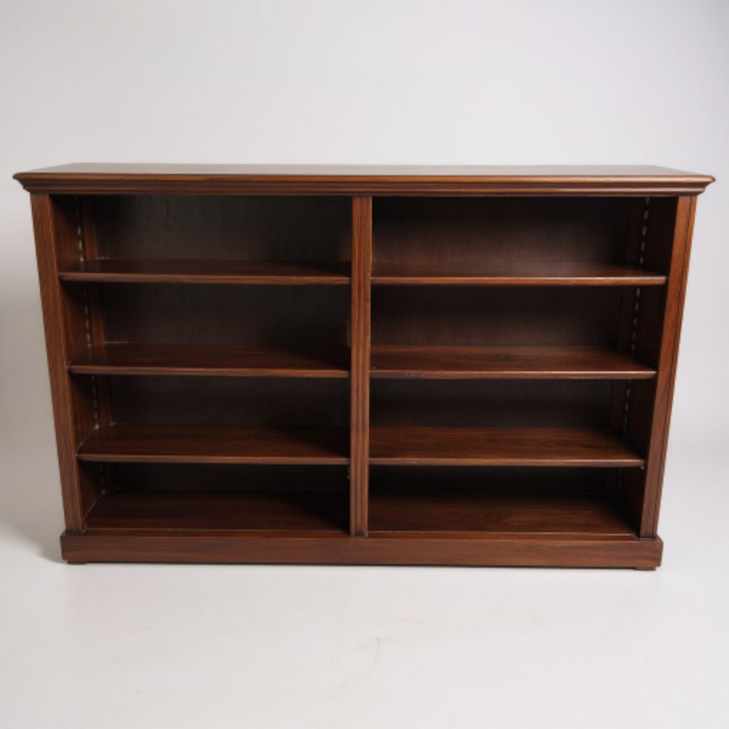 Front view of antique Victorian mahogany open bookcase with twin bays and adjustable shelves