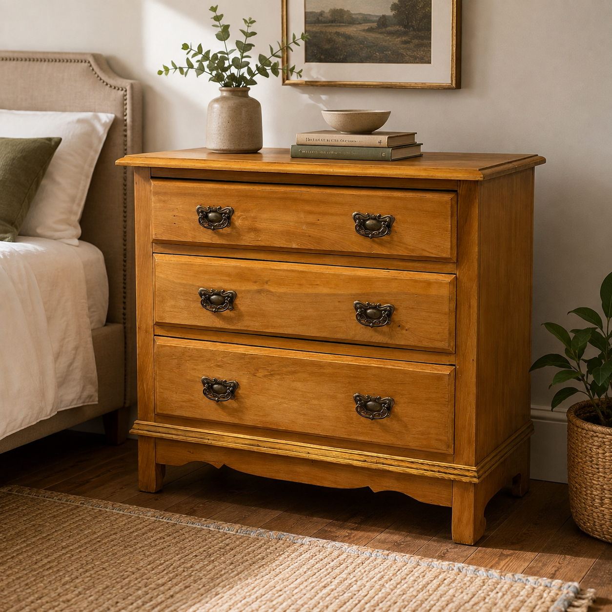 Antique Victorian pine chest of drawers styled in a traditional bedroom