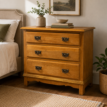 Antique Victorian pine chest of drawers styled in a traditional bedroom