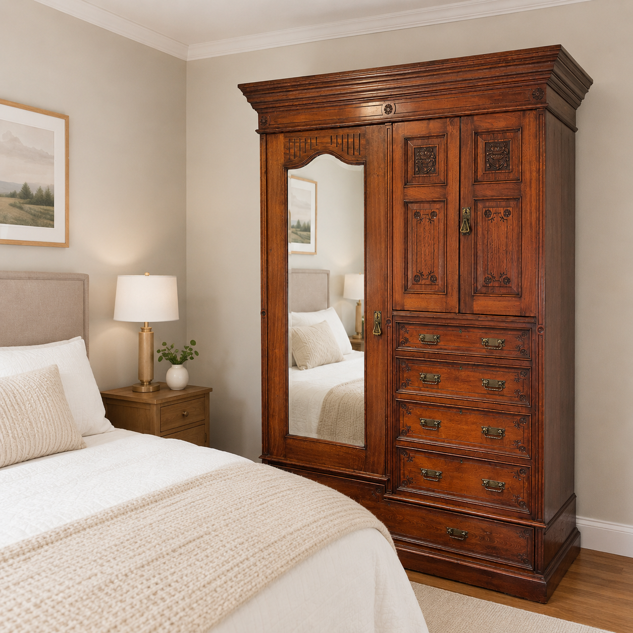 Late Victorian compactum wardrobe showing mirrored hanging section and fitted drawer storage in polished walnut