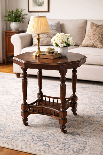 Victorian walnut lamp table side view showing octagonal shape
