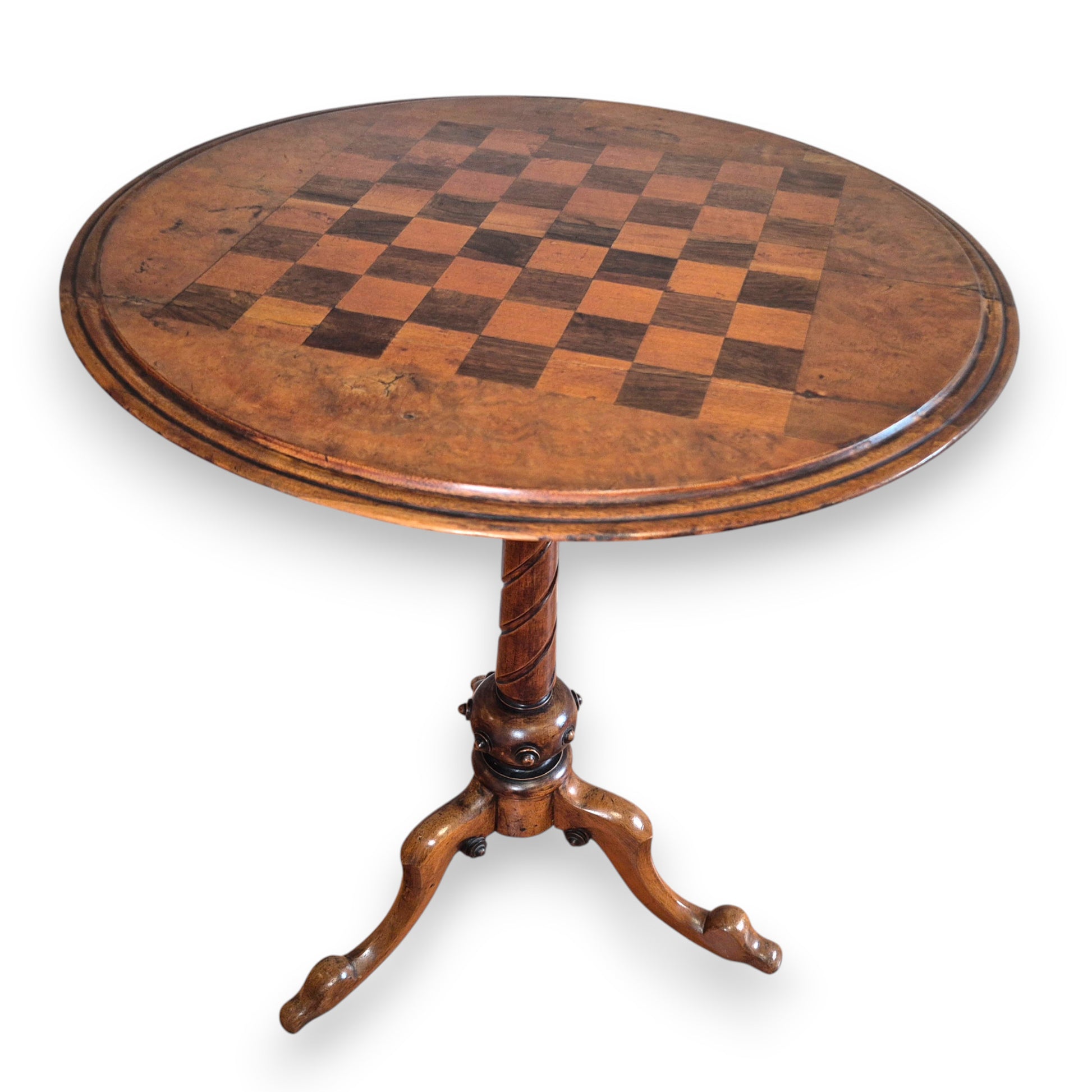 Decorative antique wine and lamp table with inlaid chessboard top