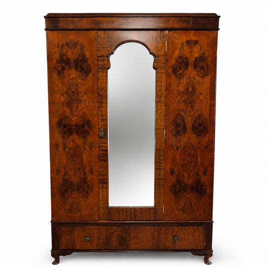 Art Deco burr walnut wardrobe with original central bevelled mirror and book-matched doors