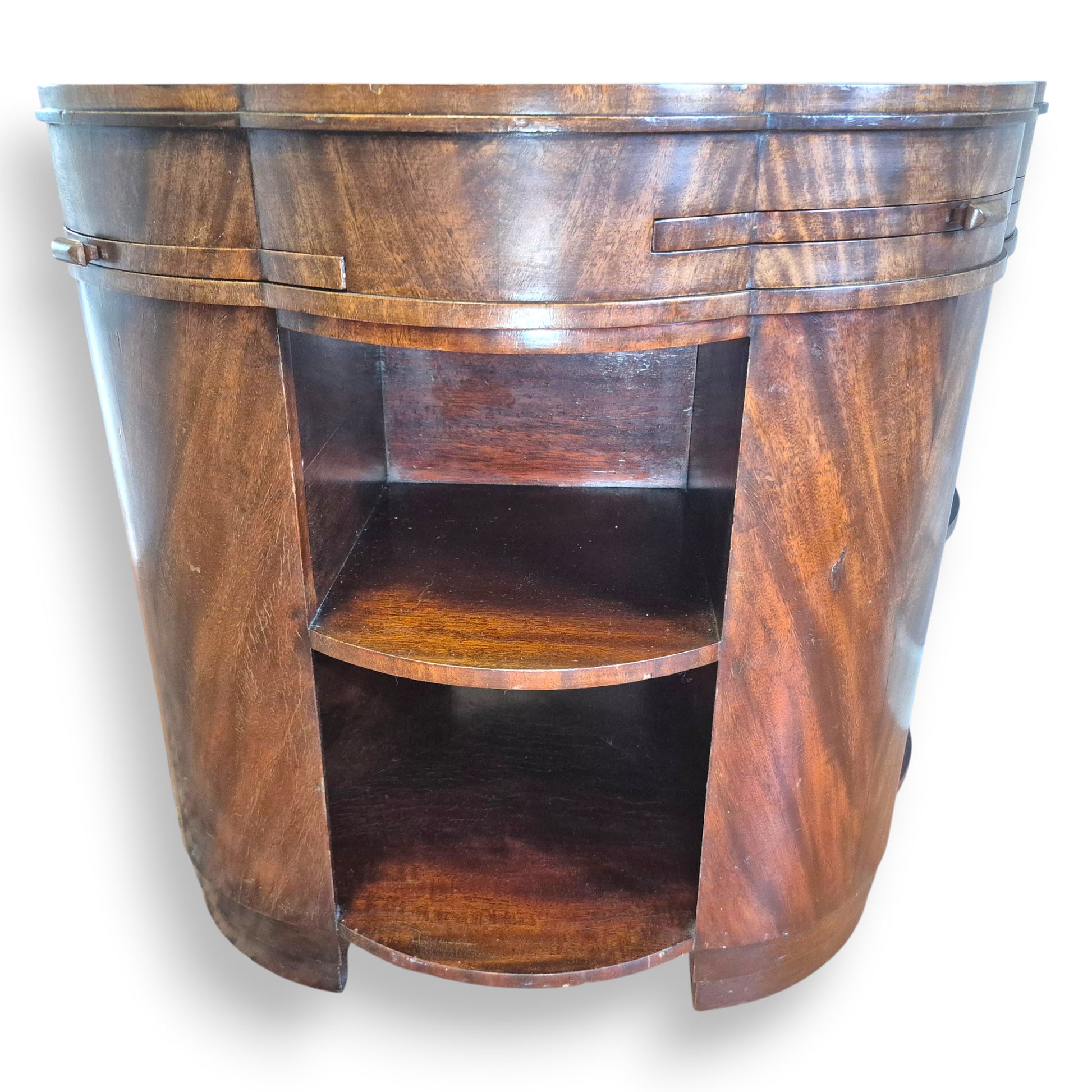 Art Deco coffee table with curved base and built-in open book shelves