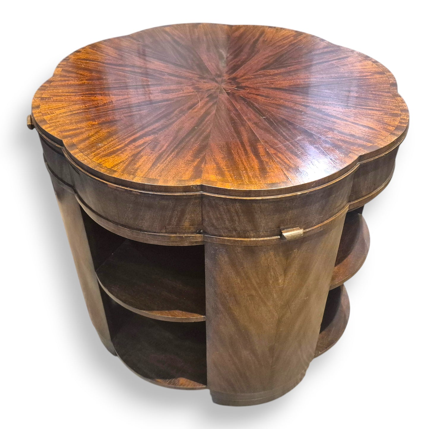 Antique mahogany library coffee table with open shelves and scalloped sunburst top