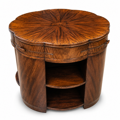 Art Deco flame mahogany library coffee table with sunburst veneer top and open book shelves