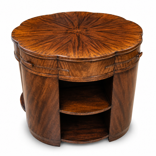 Art Deco flame mahogany library coffee table with sunburst veneer top and open book shelves