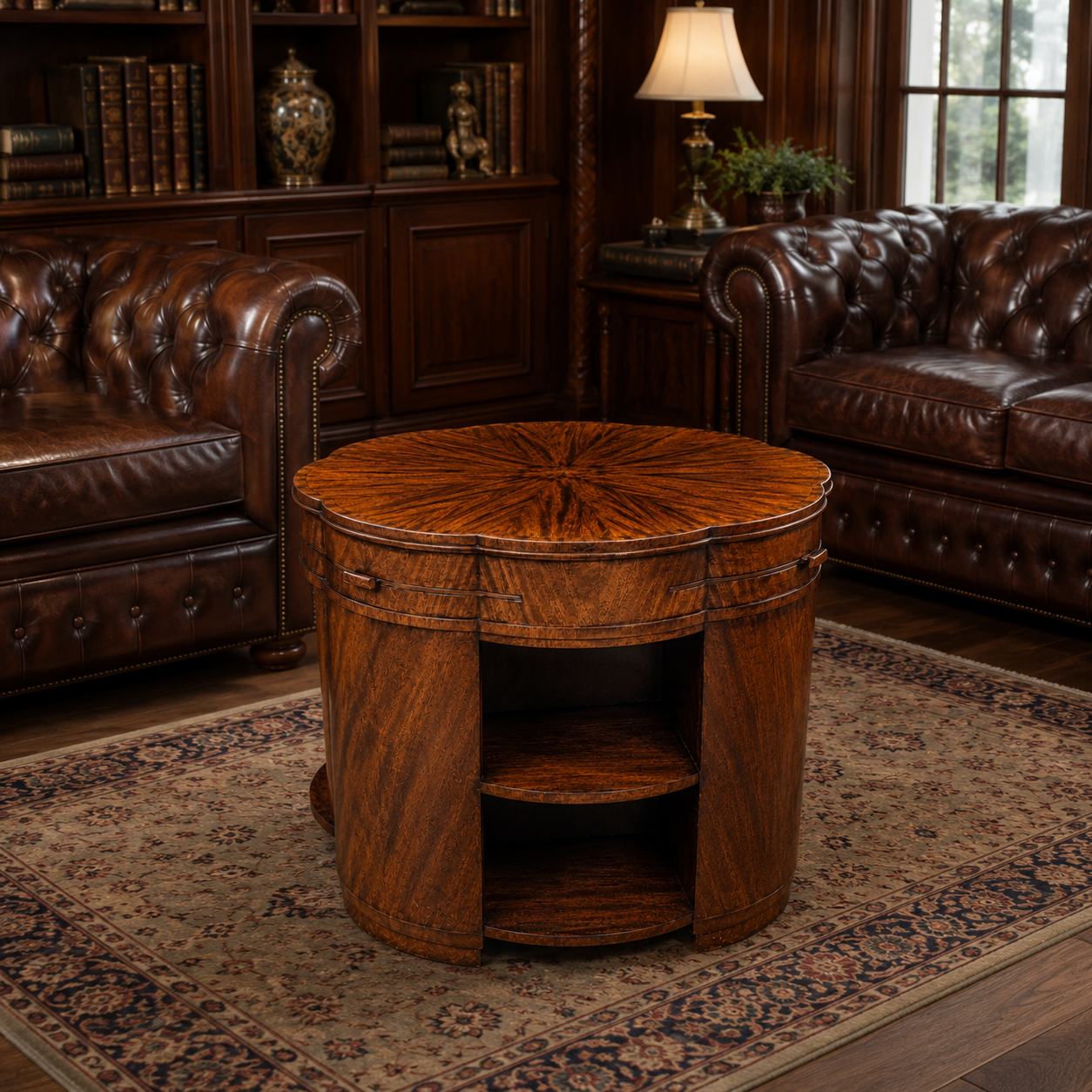 Art Deco flame mahogany library coffee table staged in a reading room with leather Chesterfield sofas