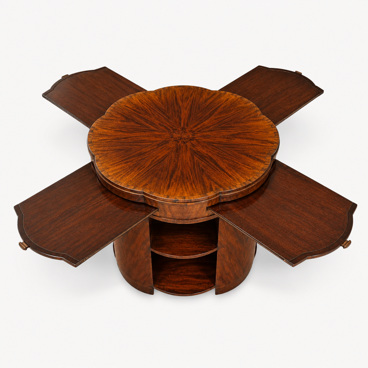 Art Deco mahogany library coffee table with four pull-out sliding leaves extended