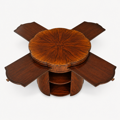 Art Deco mahogany library coffee table with four pull-out sliding leaves extended