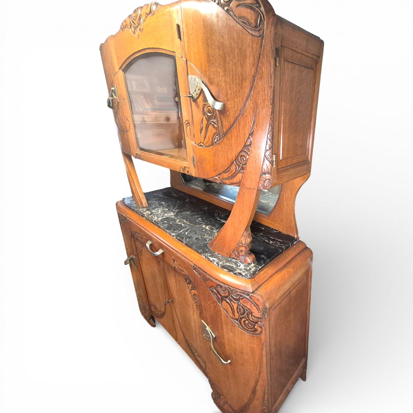 Art Deco Oak Display Cabinet & Sideboard with Marble Top | c.1930