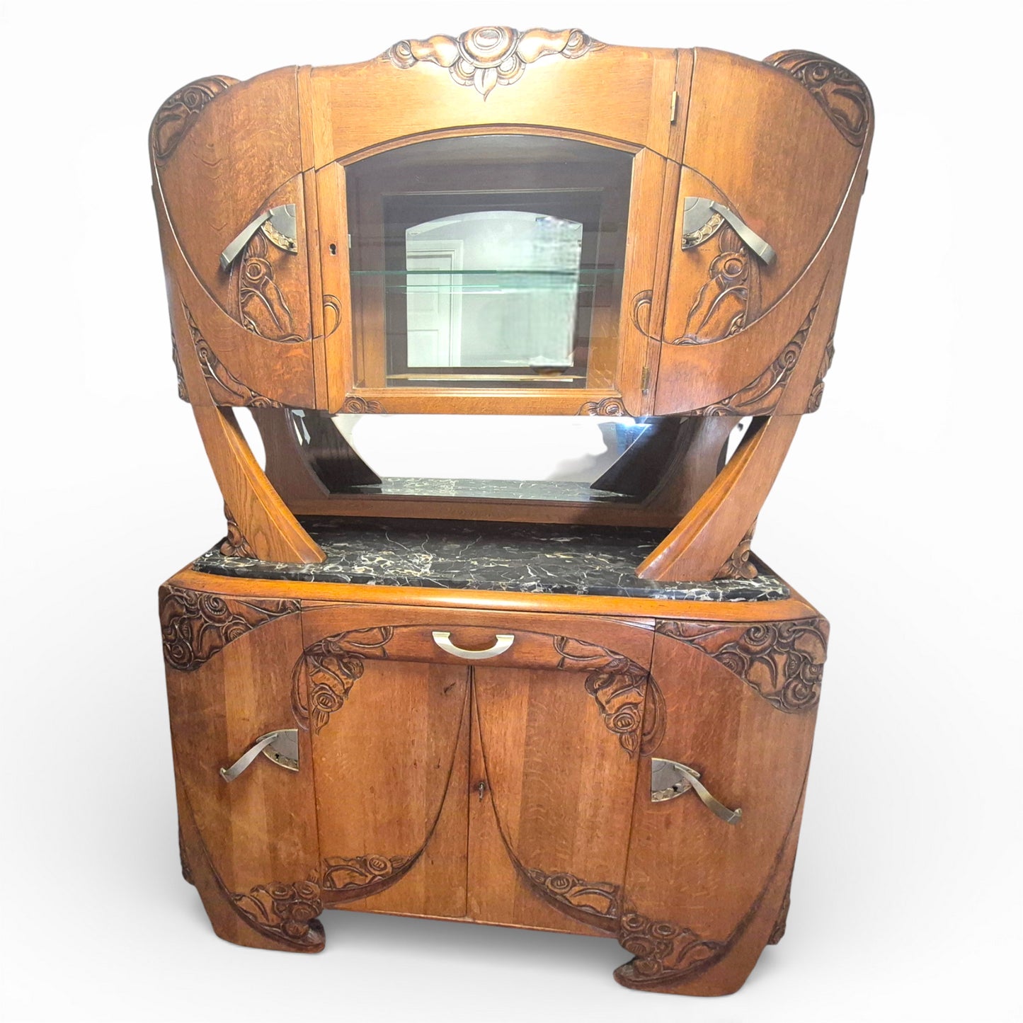 Art Deco Oak Display Cabinet & Sideboard with Marble Top | c.1930
