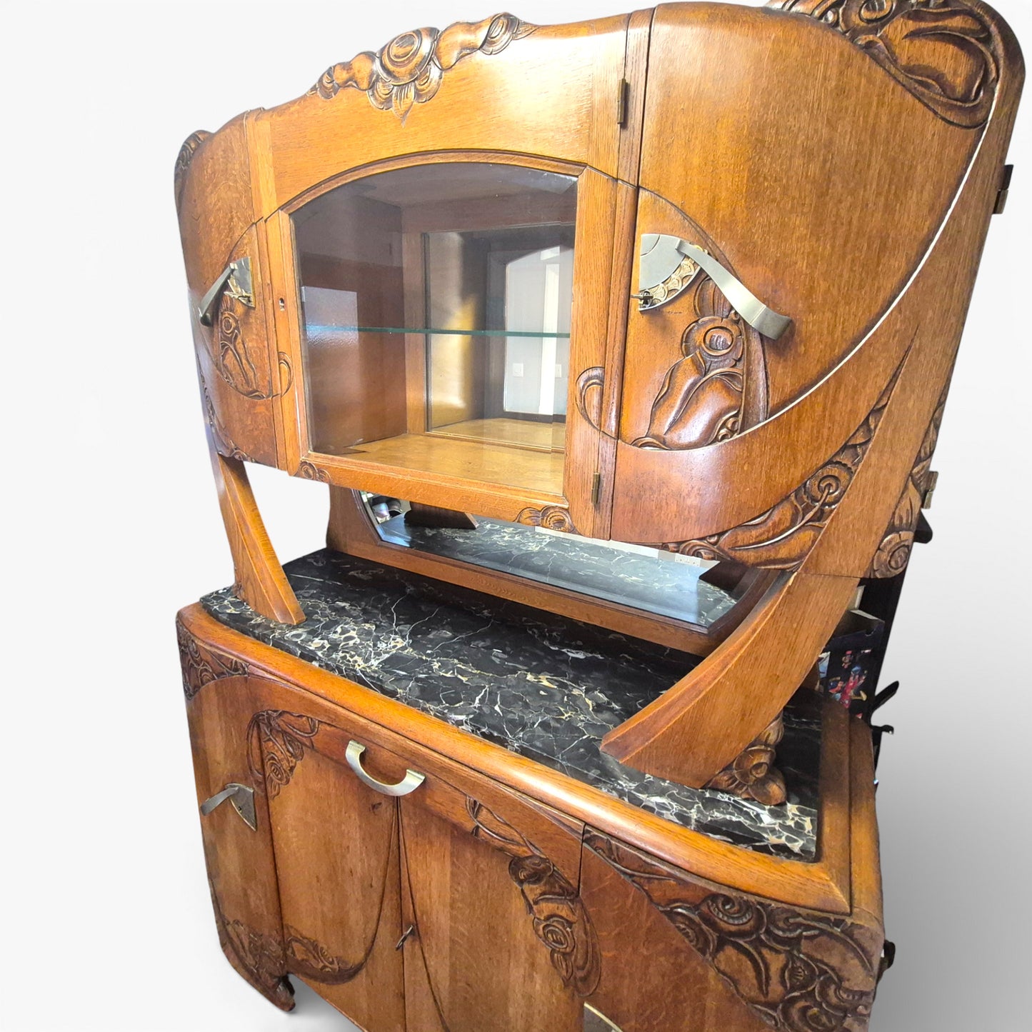 Art Deco Oak Display Cabinet & Sideboard with Marble Top | c.1930