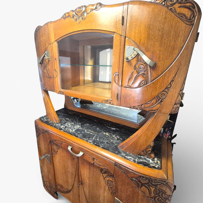 Art Deco Oak Display Cabinet & Sideboard with Marble Top | c.1930