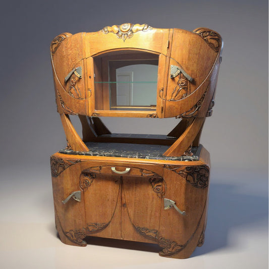 Art Deco Oak Display Cabinet & Sideboard with Marble Top | c.1930