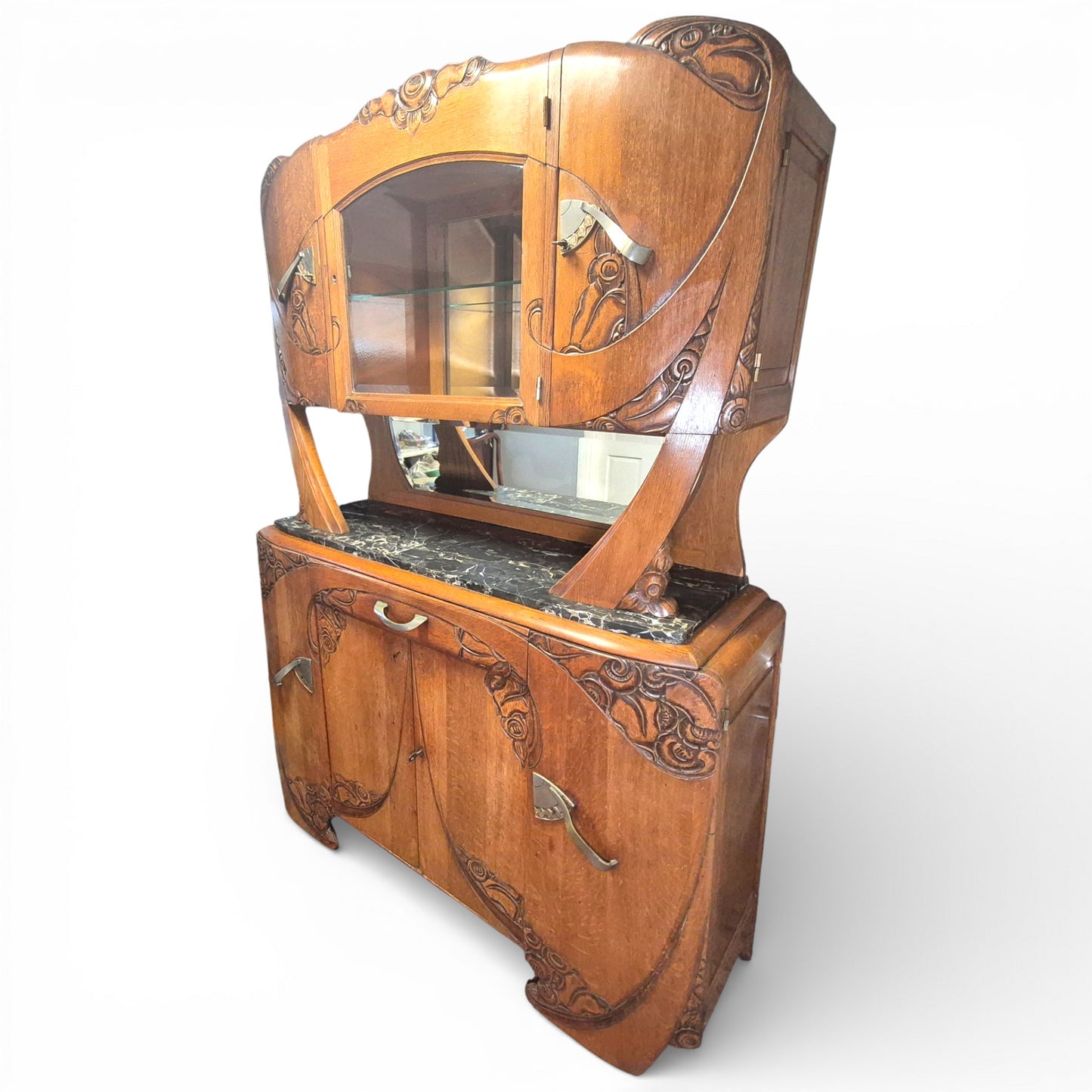 Art Deco Oak Display Cabinet & Sideboard with Marble Top | c.1930