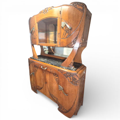 Art Deco Oak Display Cabinet & Sideboard with Marble Top | c.1930