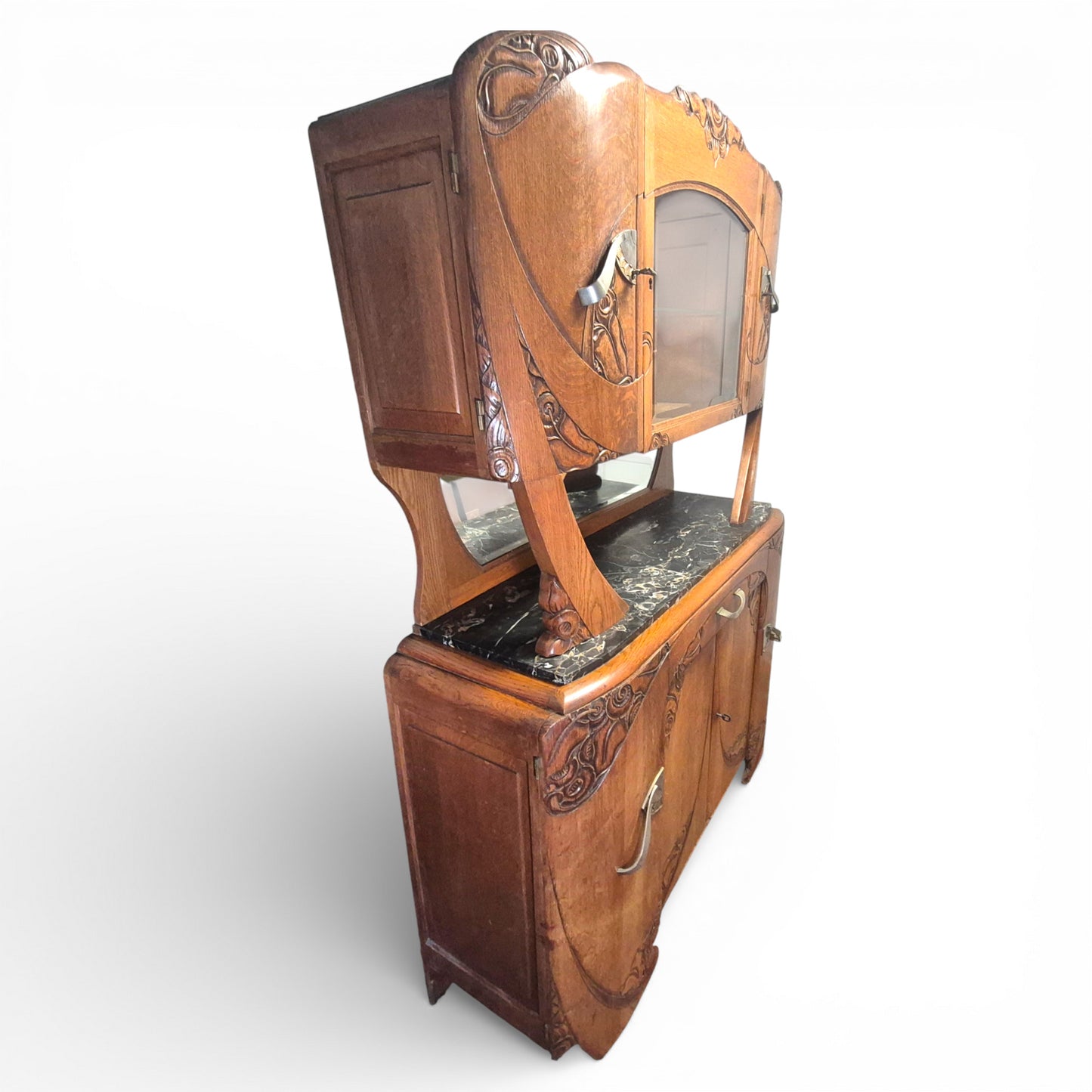 Art Deco Oak Display Cabinet & Sideboard with Marble Top | c.1930