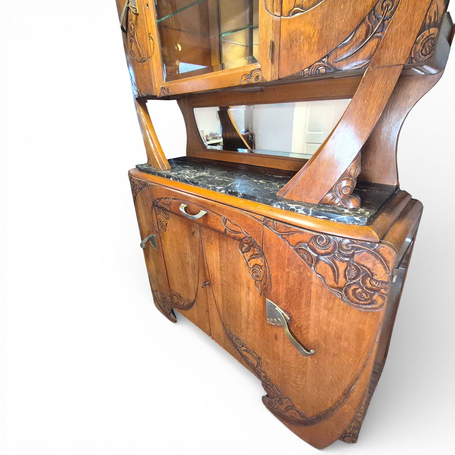 Art Deco Oak Display Cabinet & Sideboard with Marble Top | c.1930