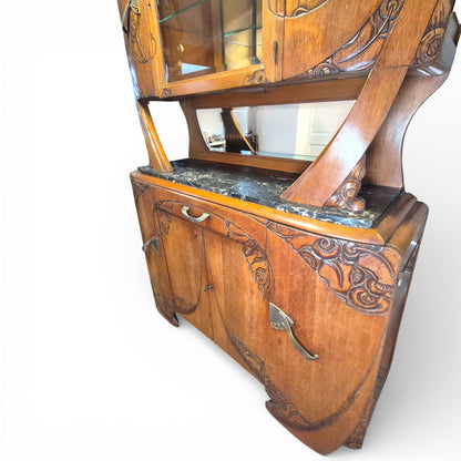 Art Deco Oak Display Cabinet & Sideboard with Marble Top | c.1930