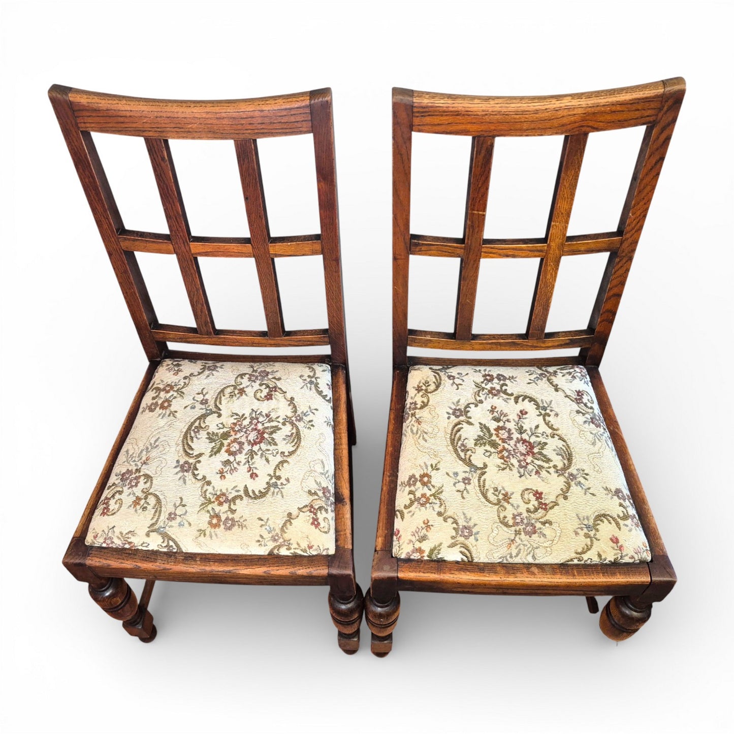 Arts and Crafts oak dining chairs with square design backs