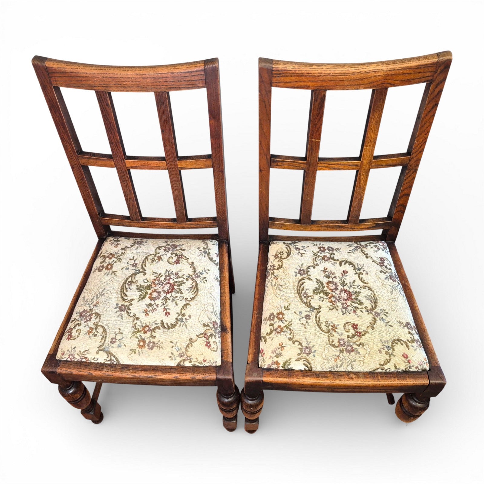 Arts and Crafts oak dining chairs with square design backs