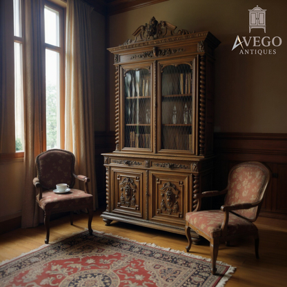 Antique French oak dresser with ornate carving and boar’s head crest – restored by Avego Antiques