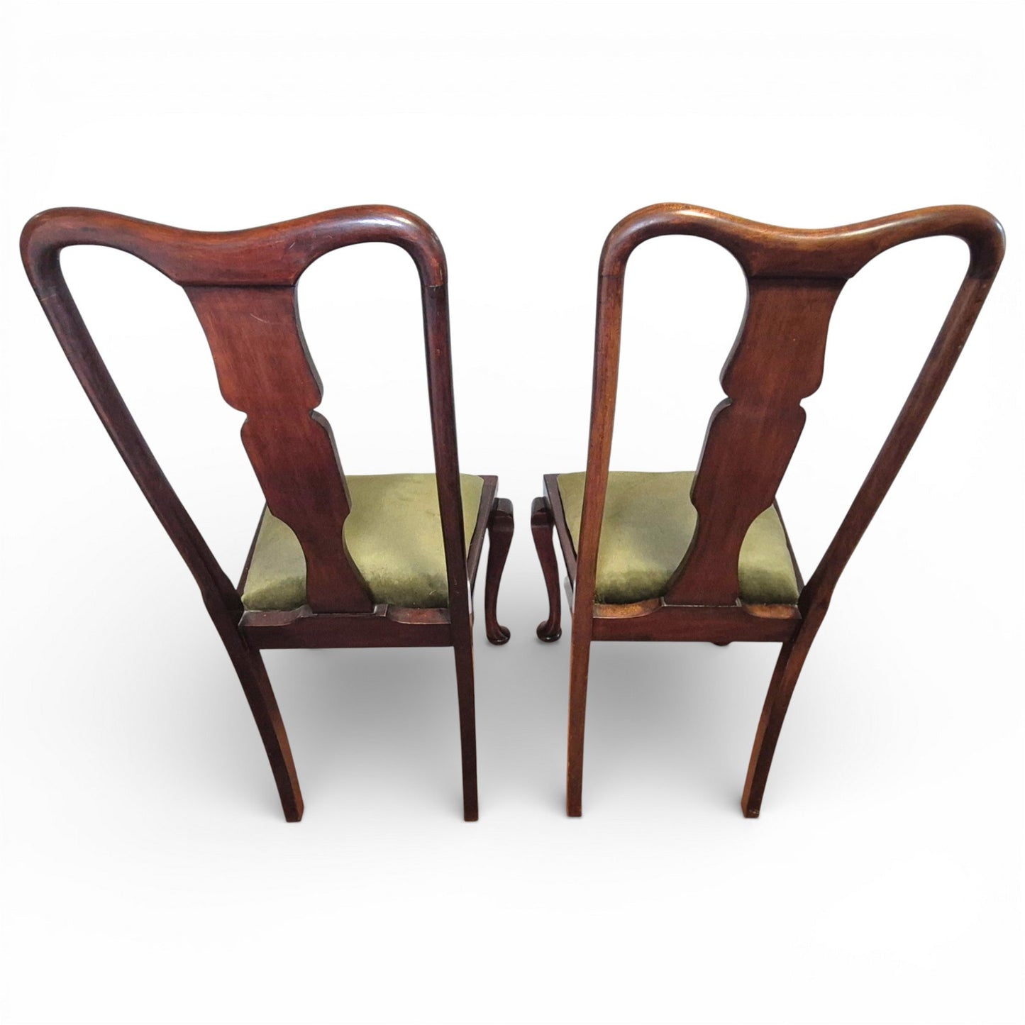 Back view of pair of Queen Anne style mahogany high back dining chairs with upholstered seats