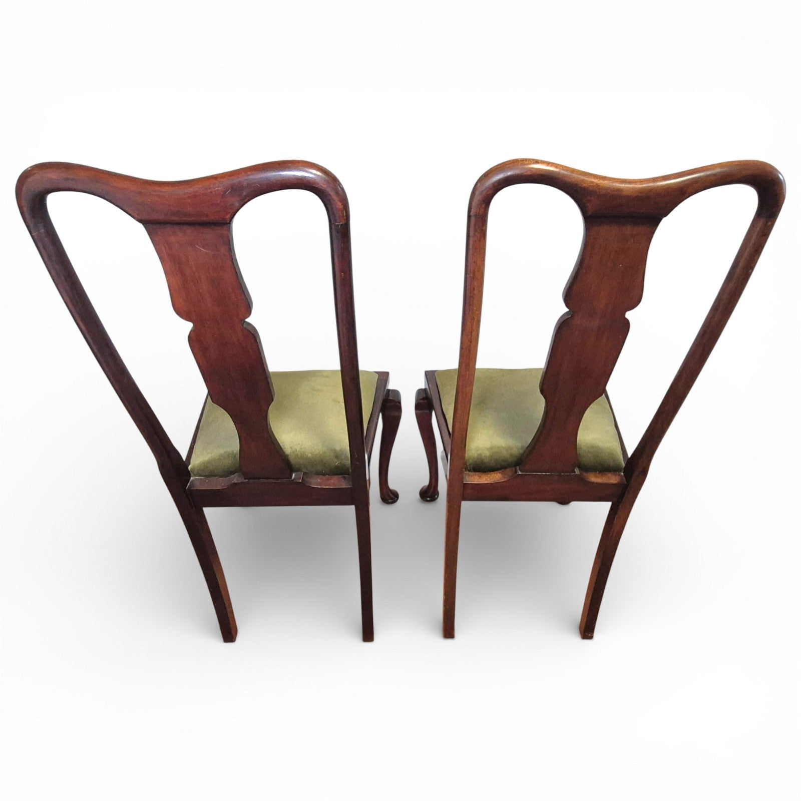 Back view of pair of Queen Anne style mahogany high back dining chairs with upholstered seats