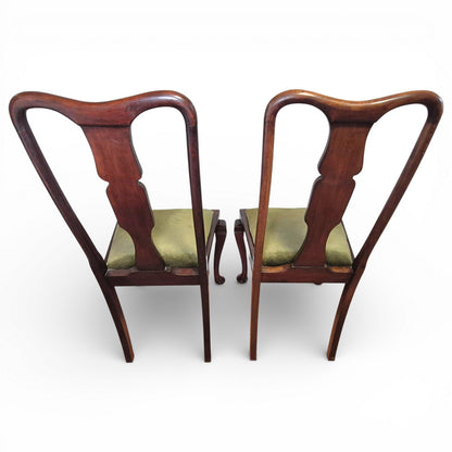Back view of pair of Queen Anne style mahogany high back dining chairs with upholstered seats