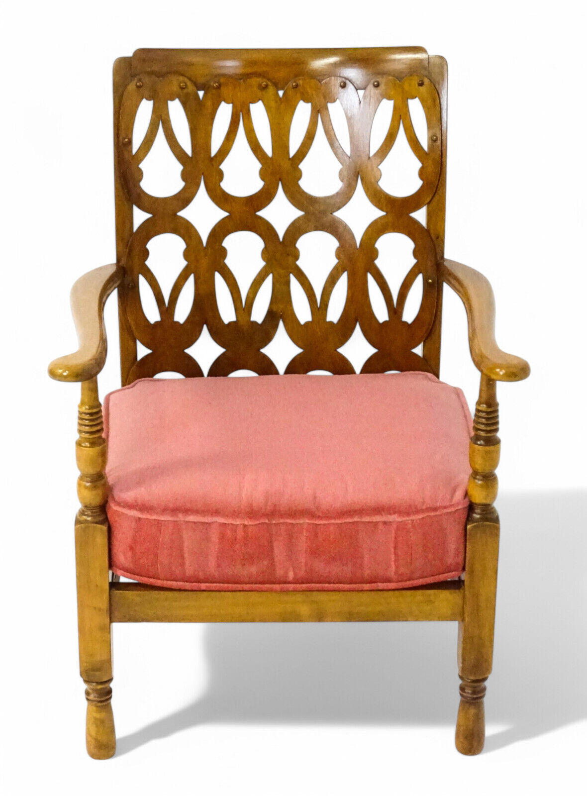 Mid-century bouclé elbow chair with carved fretwork backrest
