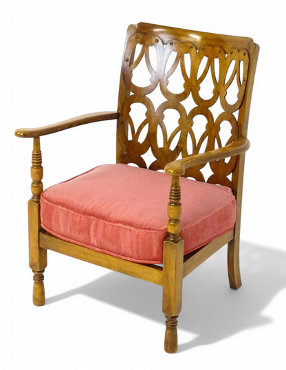 Vintage Birchcraft fretwork elbow chair with bouclé seat – mid-century utility design
