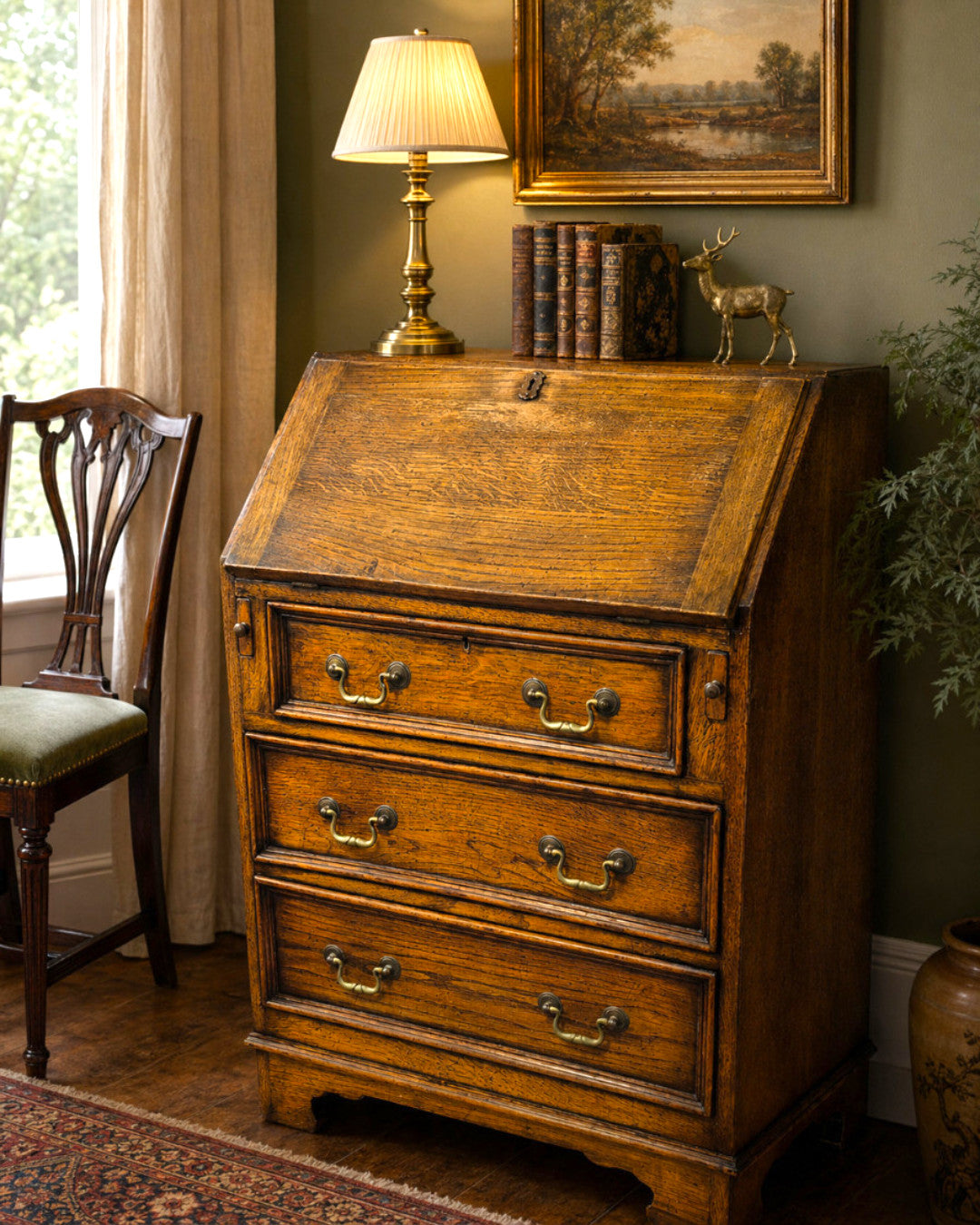 Antique Oak Bureau Writing Desk Fall Front Chest Drawers Arts Crafts