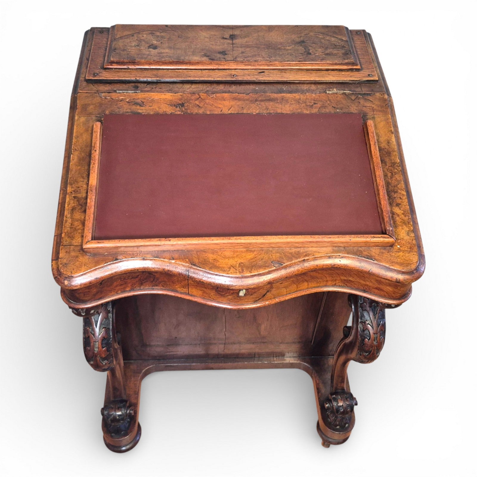 Burr walnut davenport writing desk with lift-up leather writing surface