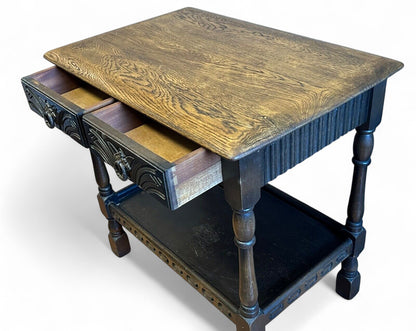 Elm side table showing wood grain pattern and open drawers