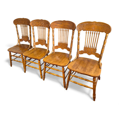 Set of four carved oak farmhouse dining chairs