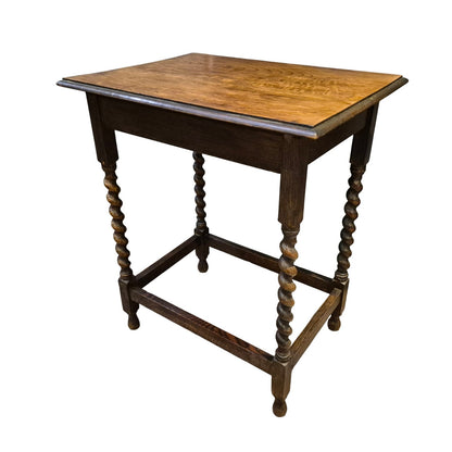 Edwardian solid oak side table with square polished top – early 20th-century occasional table featuring simple elegant design and warm oak patina by Avego Antiques.