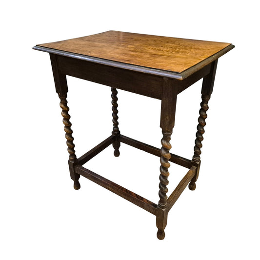 Edwardian solid oak side table with square polished top – early 20th-century occasional table featuring simple elegant design and warm oak patina by Avego Antiques.
