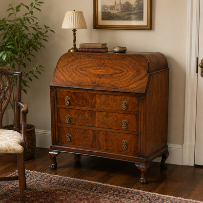 Vintage 1920s Queen Anne Style Walnut Cylinder-Top Writing Bureau