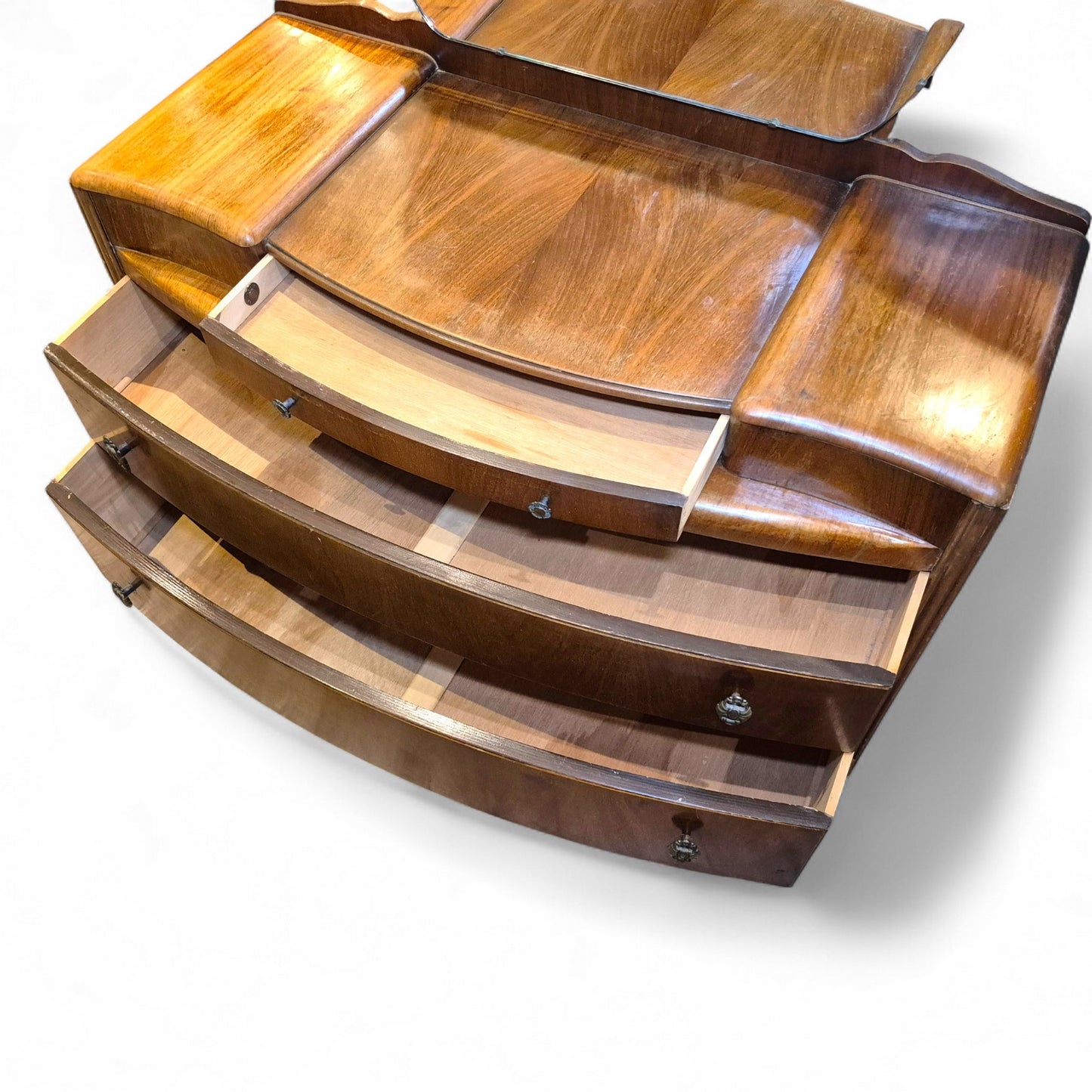 Drawer interiors and fitted compartments of Art Deco Lebus dressing table