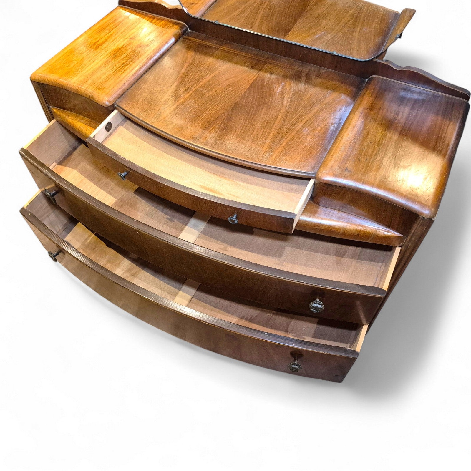 Drawer interiors and fitted compartments of Art Deco Lebus dressing table