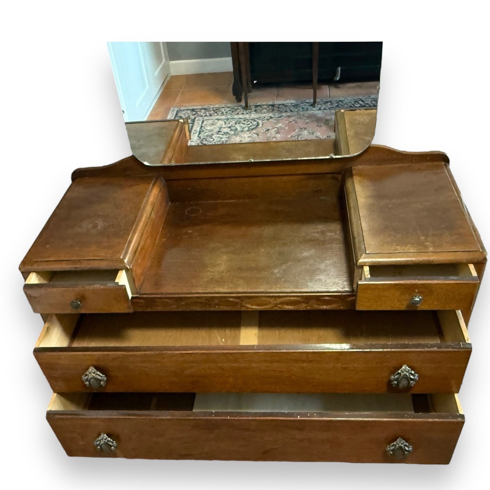 Drawer view of mid-century oak dressing table with drawers and mirror
