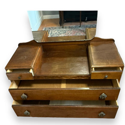 Drawer view of mid-century oak dressing table with drawers and mirror