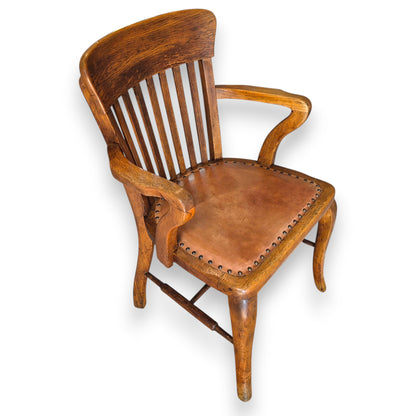Antique Oak Captains Armchair with Leather Seat | Early 20th Century Desk Chair