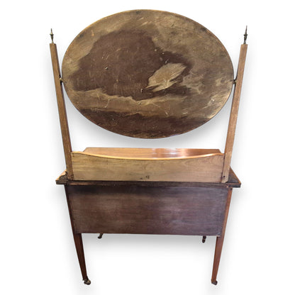 Antique Edwardian mahogany veneer dressing table with oval bevelled mirror and two drawers, rear view