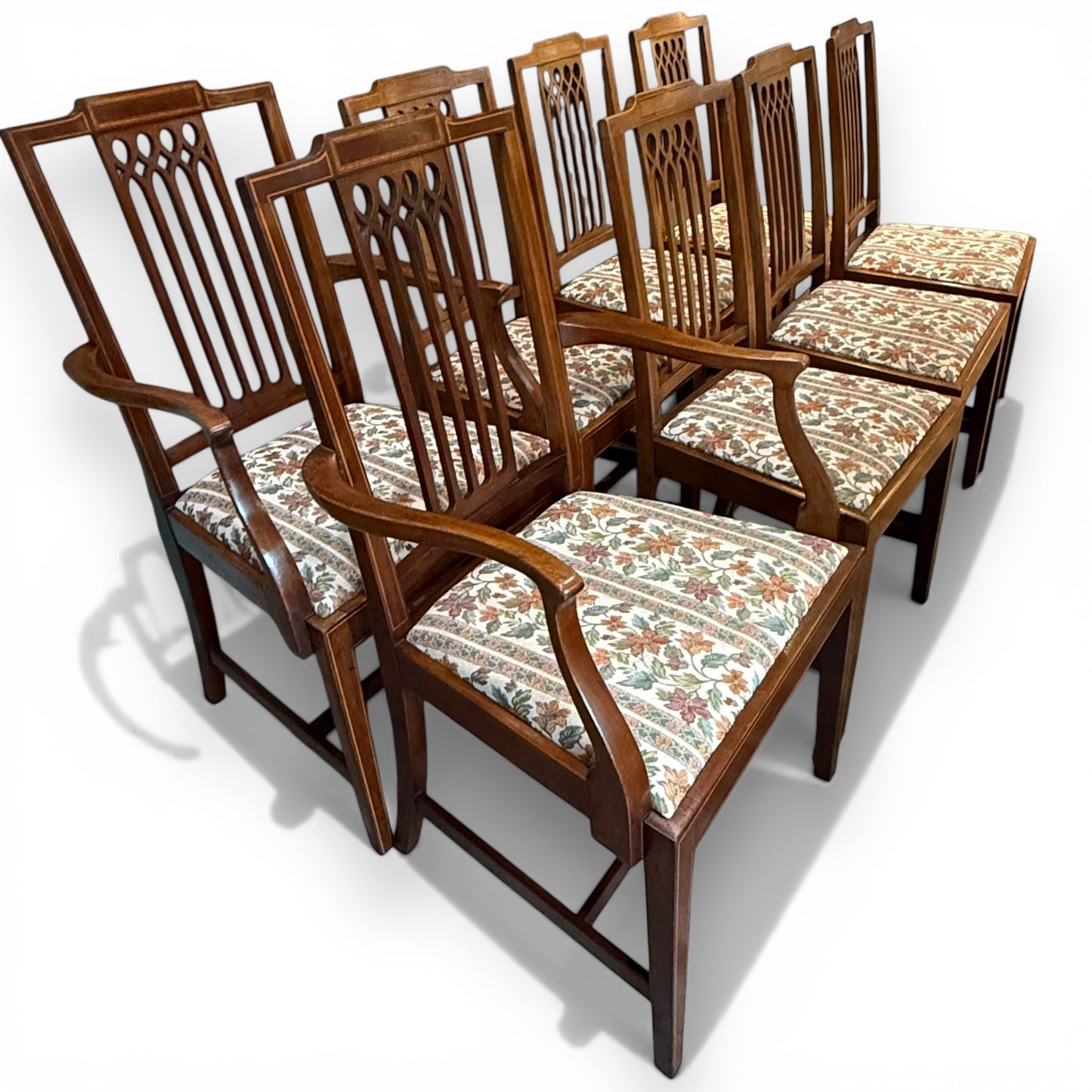 Antique Edwardian dining chairs set of 8 with two armchairs detail